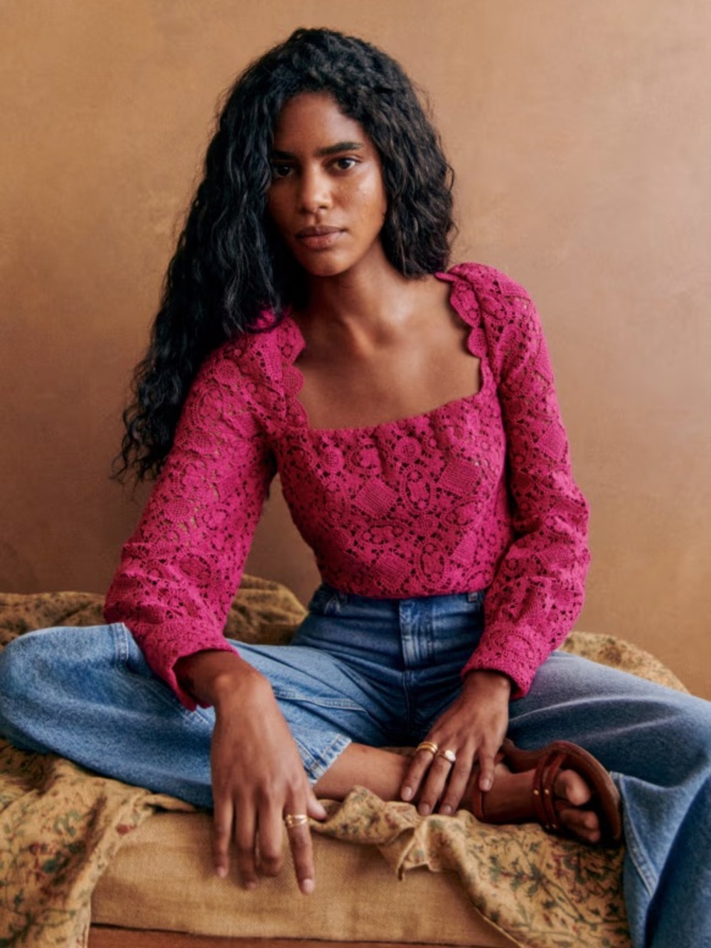 Sezane Fuchsia Lace Square-Neck Blouse